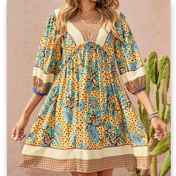 Boho Baybydoll Border Print Dress S - Picture 3 of 10